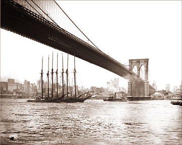 Vintage Photograph of Tall Ships near the Brooklyn Bridge