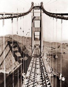 Vintage Photograph of Golden Gate Bridge Construction - Men on Cables